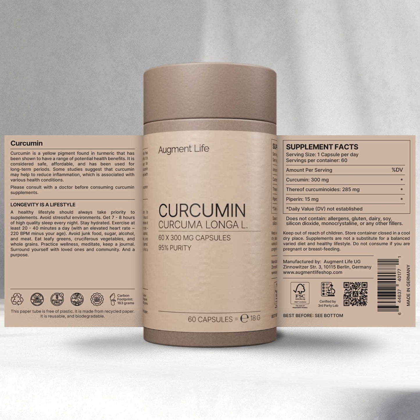 Curcumin med piperin - 300 mg kapslar - 95% Curcuminoides - Curcuma Longa L
